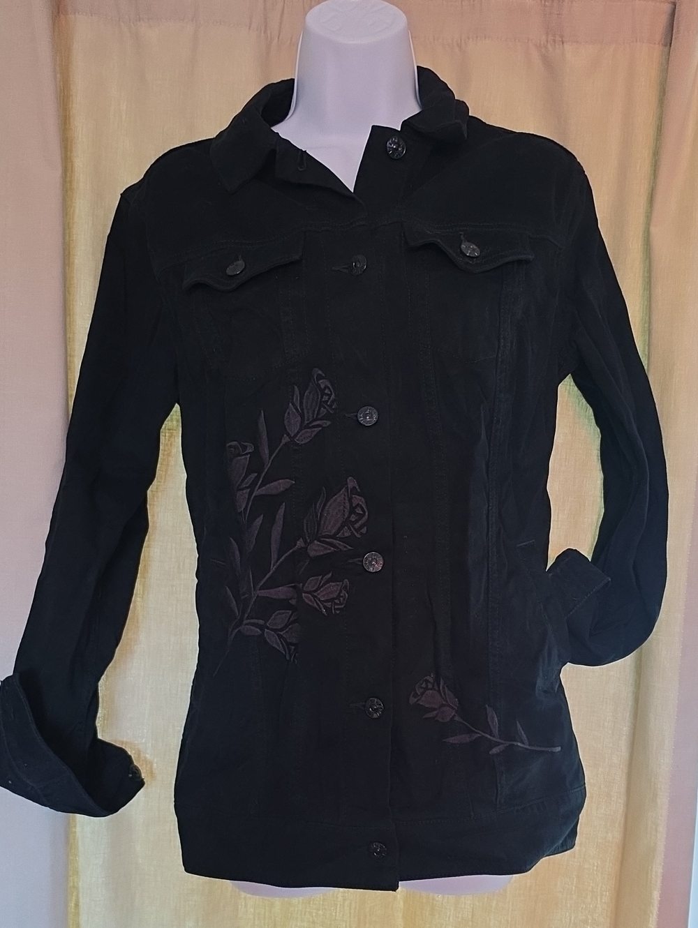 LuLaRoe Soft Black Jean Jacket with Floral Embroidery